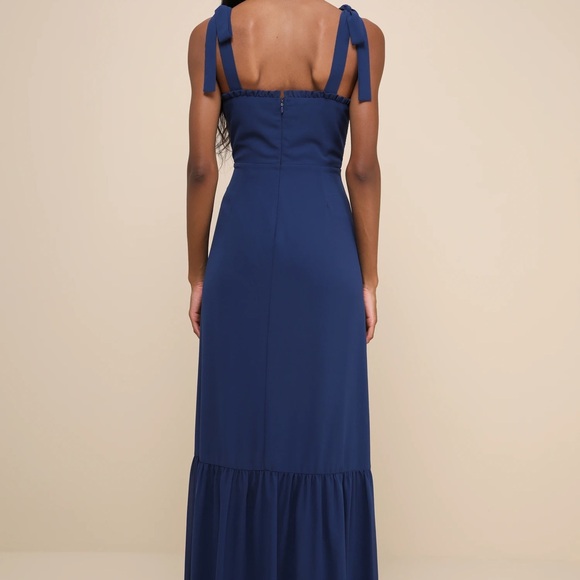 Lulu's Truly Gorgeous Dark Blue Ruffled Bustier Tie-Strap Maxi Dress Size XL - Picture 2 of 11